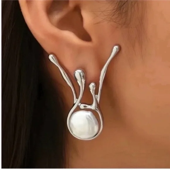 Silver Pearl Drop Contemporary Women’s Earrings - Picture 1 of 5